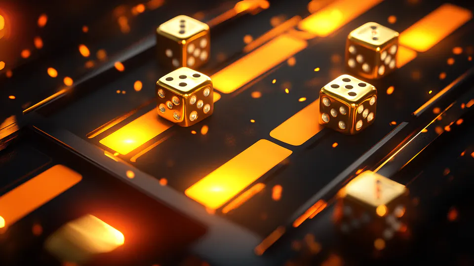 Golden dice resting on a dark backgammon board